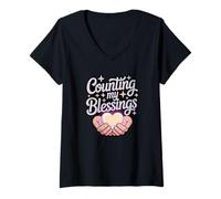 Mujer Contando mis bendiciones Camiseta Cuello V