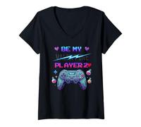 Mujer Controlador Be My Player para Dos Jugadores Retro con diseño de Amor Camiseta Cuello V