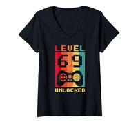 Mujer Controlador de Jugador Retro Desbloqueado Nivel 69, diseño de cumpleaños Camiseta Cuello V