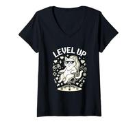 Mujer Controlador de Videojuegos Level Up Gamer Cat Retro Pixel Camiseta Cuello V