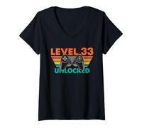 Mujer Controlador Retro de cumpleaños Desbloqueado de Nivel 33 Camiseta Cuello V