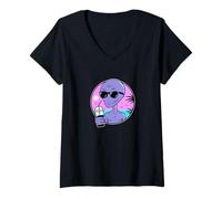 Mujer Cool Alien Drinking Summer Juice Illustration Graphic Design Camiseta Cuello V