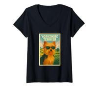 Mujer Cool Art Minimalista Impresión Pop Art Yorkshire Terrier Camiseta Cuello V