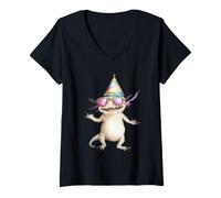 Mujer Cool Axolotl Party Hat Gafas de Sol Anfibio Camiseta Cuello V