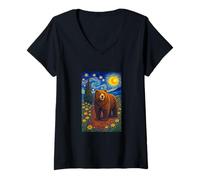 Mujer Cool Bear in The Starry Night Painting Concept Graphic Art Camiseta Cuello V