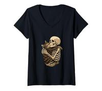 Mujer Cool Best Friends Skelton Hugs a Cat Illustration Graphic Camiseta Cuello V