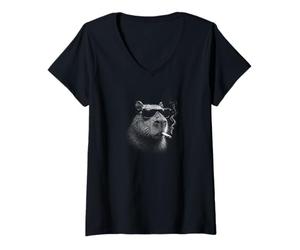 Mujer Cool Capybara fumando un Cigarrillo con Gafas Nerd Camiseta Cuello V