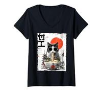 Mujer Cool Cat Ramen Estética Japonesa Artwork Groovy Anime Cat Camiseta Cuello V