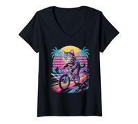 Mujer Cool Cat Riding Bicicleta Synthwave 80s Retro Sunset Vibes Camiseta Cuello V