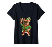 Mujer Cool Christmas Bulldog Francés Elf Rock On Funny Holiday Camiseta Cuello V