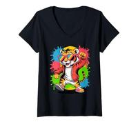 Mujer Cool Dabbing Tiger con Gafas De Sol Tigre Bailando Gato Grande Camiseta Cuello V
