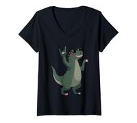 Mujer Cool Dinosaur T Rex Rock Mano Signo Punk Mascota Gráfico con Camiseta Cuello V