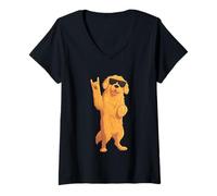 Mujer Cool Fluffy Dog Rock Hand Sign Gafas De Sol Gráfico Y Rollo Camiseta Cuello V