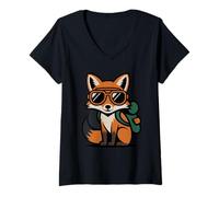 Mujer Cool Fox con Gafas de Sol Cute Kids Cartoon Camiseta Cuello V