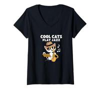 Mujer Cool Jazz Cat Playing Saxophone with Sunglasses Camiseta Cuello V
