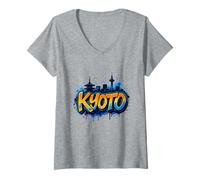 Mujer Cool Kyoto, Japón Graffiti Street Art Skyline Camiseta Cuello V