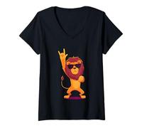 Mujer Cool Lion Rock On Funny Animal Lover Graphic Gafas de Sol Camiseta Cuello V