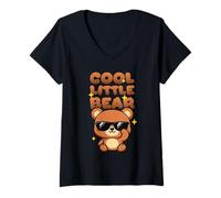 Mujer Cool Little Bear con Sombras Kwaii Chibi Kid Cartoon Camiseta Cuello V