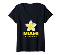 Mujer Cool Miami Florida Tropical Flower Frangipani Yellow Flower Camiseta Cuello V