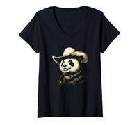 Mujer Cool Panda Rockin 'a Wild West Look para los amantes del rancho y el rodeo Camiseta Cuello V