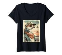 Mujer Cool Pigeon con Gafas de Sol Cazador de Patos Retro Atardecer Camiseta Cuello V