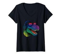 Mujer Cool Retro T-Rex Dino con auriculares Camiseta Cuello V