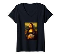 Mujer Cool Sarcastic Mona Lisa Carrying Her Cat Graphic Designs Camiseta Cuello V