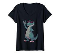Mujer Cool T Rex Dinosaurio Rock Mano Signo Punk Mascota Gráfico con Camiseta Cuello V