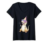 Mujer Cool T-Rex Party Dino Celebration Gafas de Sol Camiseta Cuello V