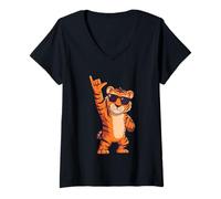 Mujer Cool Tiger Rock On Funny Animal Lover Graphic Gafas de Sol Camiseta Cuello V