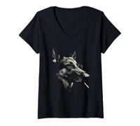 Mujer Cool Wolf con Gafas fumando Retro semitono Arte Camiseta Cuello V