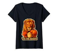 Mujer Copa Leo King de Tis The Season Lion para otoño, otoño, Calabaza y Especias Camiseta Cuello V