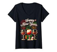 Mujer Copas de Vino de Año Nuevo Festivo Fuegos Artificiales Celebración Brindis Camiseta Cuello V