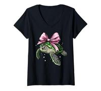 Mujer Coquette Bow con forma de tortuga marina, animal del océano, cinta rosa, niña Camiseta Cuello V
