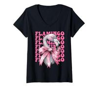 Mujer Coquette Bow Flamingo Animal Niña Mamá Día de la Madre Rosa Camiseta Cuello V