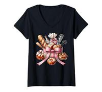 Mujer Coquette Bow Pan Hornear Pan Panadero Chica Mamá Rosa Camiseta Cuello V