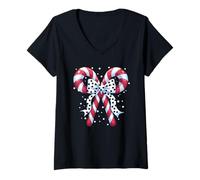 Mujer Coquette Bow Tie Candy Cane Bow Christmas Holiday Women Girl Camiseta Cuello V