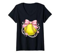 Mujer Coquette Softball Lindo Lazo Rosa Collar De Perlas Estética Camiseta Cuello V