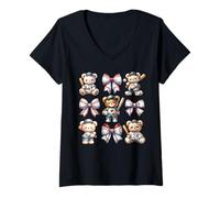 Mujer Coquette Teddy Bear Soft Aesthetic Bow Baseball Girl Women Camiseta Cuello V
