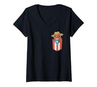 Mujer Coqui Frog Puerto Rico Flag Pava Hat Pocket Orgullo Boricua Camiseta Cuello V
