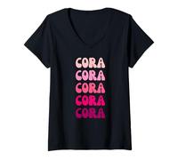 Mujer Cora Retro Stack Design Camiseta Cuello V