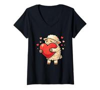 Mujer Corazón Amante del Cordero Dulce Animal de Granja Camiseta Cuello V