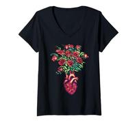 Mujer Corazón anatómico con Rosas, Guerrero del corazón, Regalo de cardiología Camiseta Cuello V