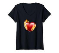 Mujer Corazón ardiente en llamas Camiseta Cuello V