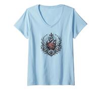 Mujer Corazón Cristiano Sagrado Anatómico con Rosas De Alambre De Púas Camiseta Cuello V
