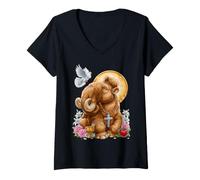 Mujer Corazón crucifijo con Cruz Cristiana de mamut lanudo Camiseta Cuello V