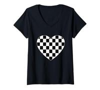 Mujer Corazón de amor a cuadros Negro Blanco Lindo Juego de Ajedrez Mujeres Hombres Camiseta Cuello V