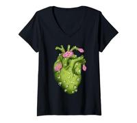 Mujer Corazón de Cactus floreciente Camiseta Cuello V