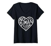 Mujer Corazón de inmigrante Ningún Humano es Derecho Ilegal Mujeres Hombres Niños Camiseta Cuello V