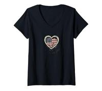 Mujer Corazón de la Bandera Americana Vintage: Estilo patriótico de la Gloria deshilachada Camiseta Cuello V